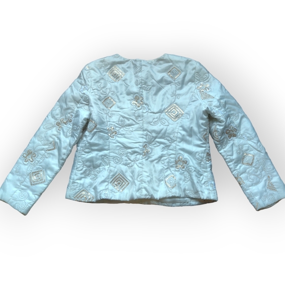 Satin Sequin Jacket Coat Women's Size 14 White Embroidery and Gold Sequins - Picture 2 of 9